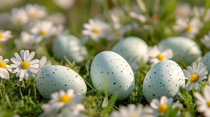 Speckled blue eggs scattered on a lush green grass bed surrounded by delicate white daisies with yellow centers