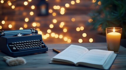 Cozy evening writing scene with typewriter and candlelight for inspiration and relaxation. Black History Month