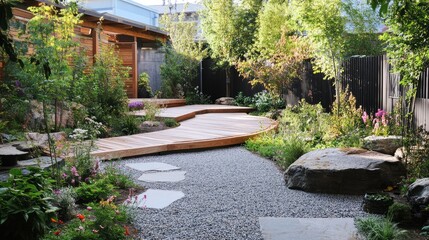 Serene Backyard Oasis: A Curving Wooden Pathway Through a Lush Garden