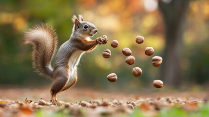 A squirrel playfully juggling nuts in a colorful autumn setting.