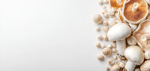 Obraz premium Fresh mushrooms of different shapes and sizes arranged neatly on a white backdrop clean and rustic composition highlighting natural simplicity