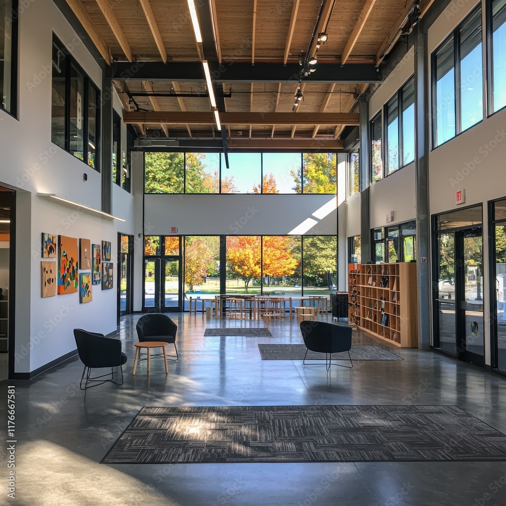 Poster collaborative learning space in a community center for engaging activities modern architecture open 