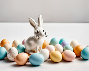  A charming porcelain bunny surrounded by colorful Easter eggs