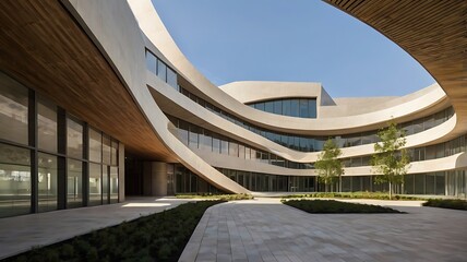 cultural venue with bold curved structures, an asymmetrical facade, and an atrium filled with natural light, blending contemporary design with functional outdoor integration 