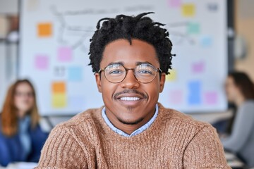 Obraz premium Portrait of a smiling young african american businessman wearing eyeglasses in the office, with colleagues working in the background
