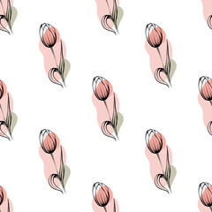 Tulip on pink background seamless pattern, pink tulips with green leaves seamless pattern