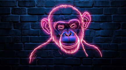  A glowing neon sign forms a contour drawing of a chimpanzee against a dark grunge-style brick wall.