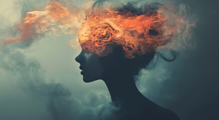 Double exposure silhouette of a woman's head in clouds with multicolored smoke.