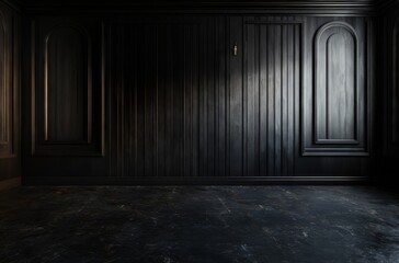 Background wall of a dark room made of old wooden panels on which a ray of light falls. 