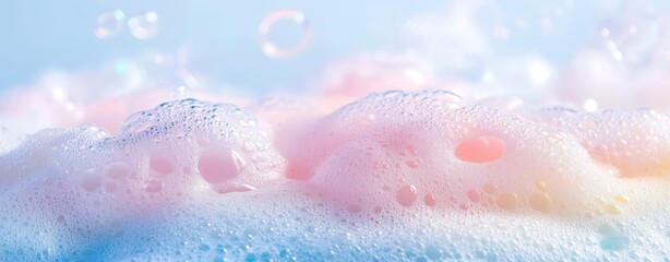 Close-up of delicate soap bubbles floating on soft pastel-colored foam on a light blue background. 