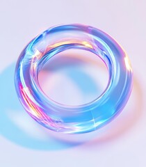 A circular glass ring, with light blue and rainbow colors, in an isometric view, on a white background, with studio lighting.