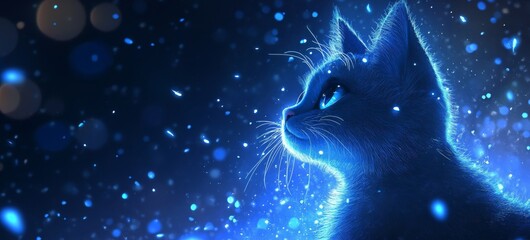 A cat with glowing blue fur and ears is looking up at the night sky, surrounded by twinkling stars.