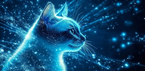 A cat with glowing blue fur, a close-up shot, against the backdrop of a starry sky and light particles. 