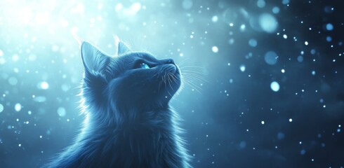A cat with glowing blue fur and ears is looking up at the night sky, surrounded by twinkling stars.