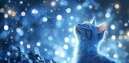 A cat with glowing blue fur and ears is looking up at the night sky, surrounded by twinkling stars.