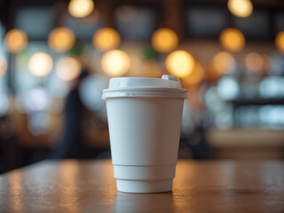 White disposable coffee cup with a plastic lid on a wooden table. Blurred coffee shop background with warm lighting, perfect for branding, cafe advertising, or lifestyle imagery.