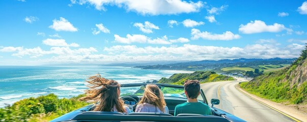 A road trip moment with students in a convertible, wind blowing their hair as they drive along a scenic coastal highway, laughing and enjoying the view,
