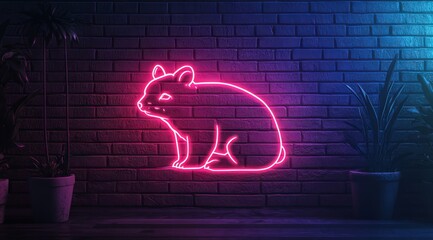 Wombat drawn with glowing neon line on brick wall background.