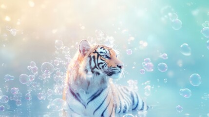Artistic illustration of a tiger in large size against a background of flying, airborne soap bubbles. 