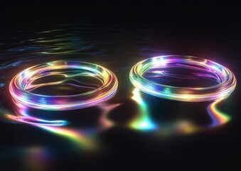 Two glass rings with rainbow light refractions on a black background.
