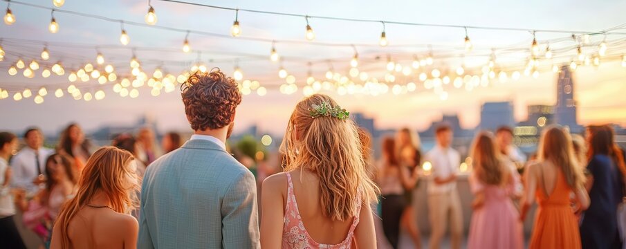 A rooftop party scene with students dancing, string lights glowing above, and a city skyline in the background, exuding a vibrant energy, - Powered by Adobe