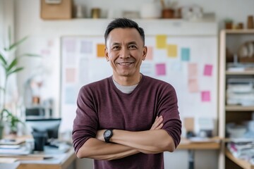 Portrait of a smiling asian middle aged manager with crossed arms standing in his modern office