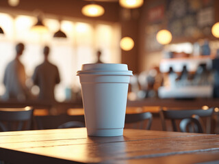White disposable coffee cup with a plastic lid on a wooden table. Blurred coffee shop background with warm lighting, perfect for branding, cafe advertising, or lifestyle imagery.