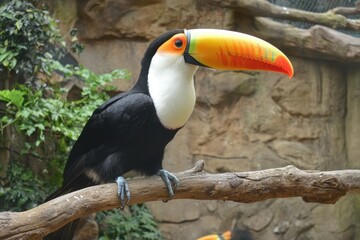 Naklejka premium A colorful image of a toucan perched on a branch, its oversized bill vivid against the foliage