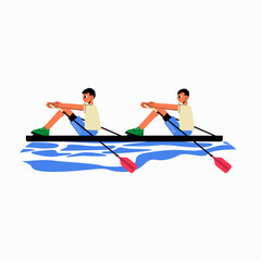 Two male rowers in boat with oars in flat vector illustration symbolizing teamwork, competition, and water sports, isolated on white background. © Creattie