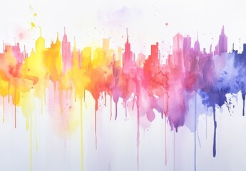 Colorful watercolor cityscape skyline with drips.