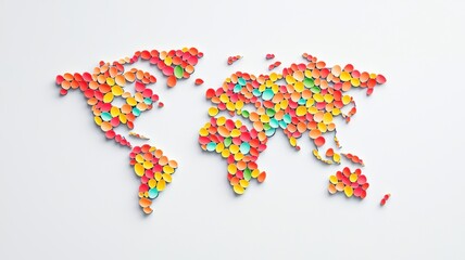 Fototapeta premium A colorful, playful representation of a world map created with vibrant flower-shaped pieces, symbolizing diversity and creativity.