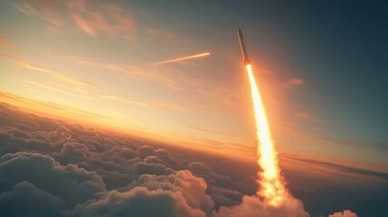 Rocket Launch at Dusk with Smoke Trail in Minimalist Composition
