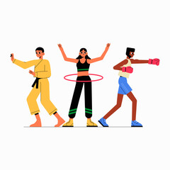 Group of diverse people practicing martial arts, hula hooping, and boxing in flat vector illustration symbolizing fitness, health, and physical activity, isolated on white background.