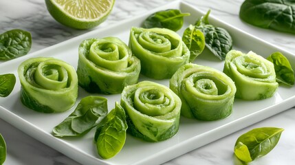 Obraz premium Spinach salad with avocado roses and lime wedges, isolated on a marble background with modern plating