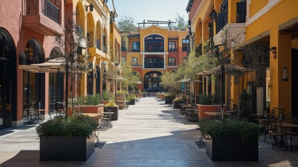 Obraz premium Sunlit plaza, arched buildings, outdoor seating, potted plants.