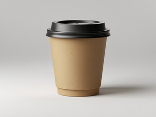 Minimalist brown kraft paper coffee cup with a black lid on a white background.