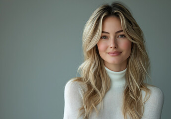 Fototapeta premium Studio portrait of a young blonde woman in a long-sleeved white top, smiling and looking at the camera, isolated on light grey background, ideal for beauty or fashion campaigns