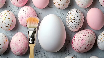 Blank white Easter egg ready for with a paint brush poised above surrounded by pastel colored speckled eggs on a gray background  Concept of creativity DIY crafts and holiday traditions