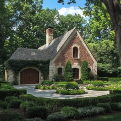 Fototapeta premium Elegant English garden with circular hedges, ornamental trees, brick garage with gable roof, flower beds, tall grasses, and stone wall, vibrant and tranquil entrance to luxury home.