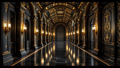 Fototapeta premium Luxurious Black and Gold Hallway in a Grand Palace