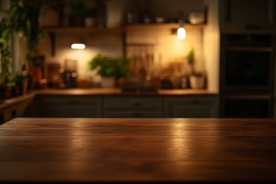 Dark wooden table in a cozy kitchen at night.