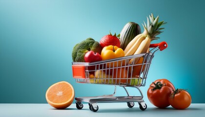 shopping cart full of groceries. A miniature shopping cart loaded with fresh fruits and vegetables, placed on a soft gradient