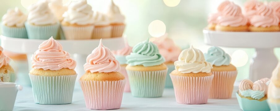 A whimsical dessert table decorated with cupcakes and pastries