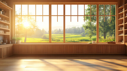 Sunrise Landscape View from Wooden Room Illustration