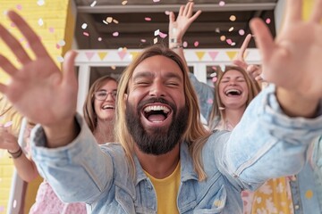 Fototapeta premium Group of cheerful young adults enjoying a party, throwing confetti and having fun together
