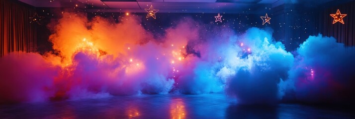 Fototapeta premium A vibrant scene filled with colorful smoke in shades of orange and blue, creating a dynamic and atmospheric ambiance.