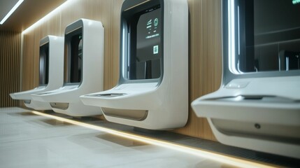 Sleek white kiosks line wood-paneled wall.
