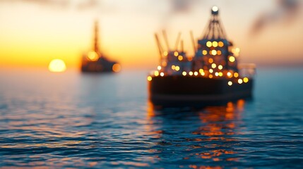 Oil Rigs and Boats with Illuminated Lights at Sunset Over Water