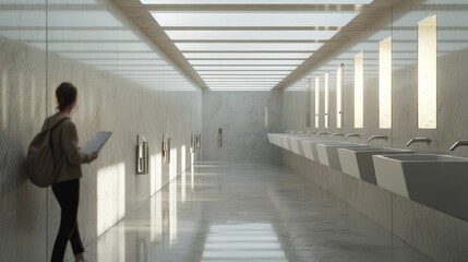 Person walks past minimalist sinks, light-filled hallway.