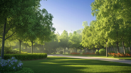A green, sunlit park with lush grass and tall trees